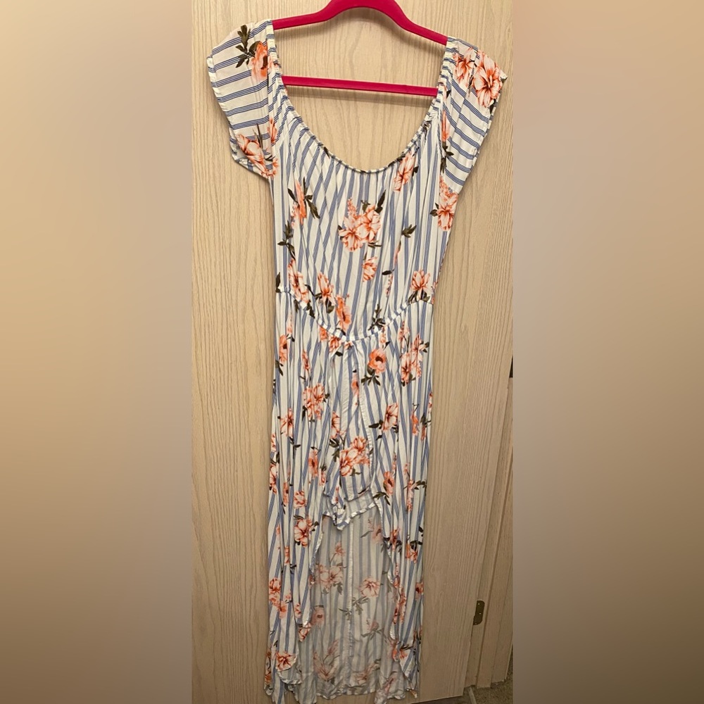 XL High Low Romper - White Floral Print with Light Blue Stripes - Picture 1 of 3